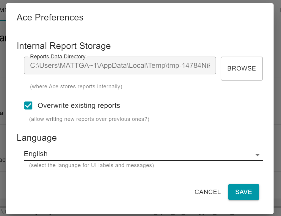 Ace settings dialog